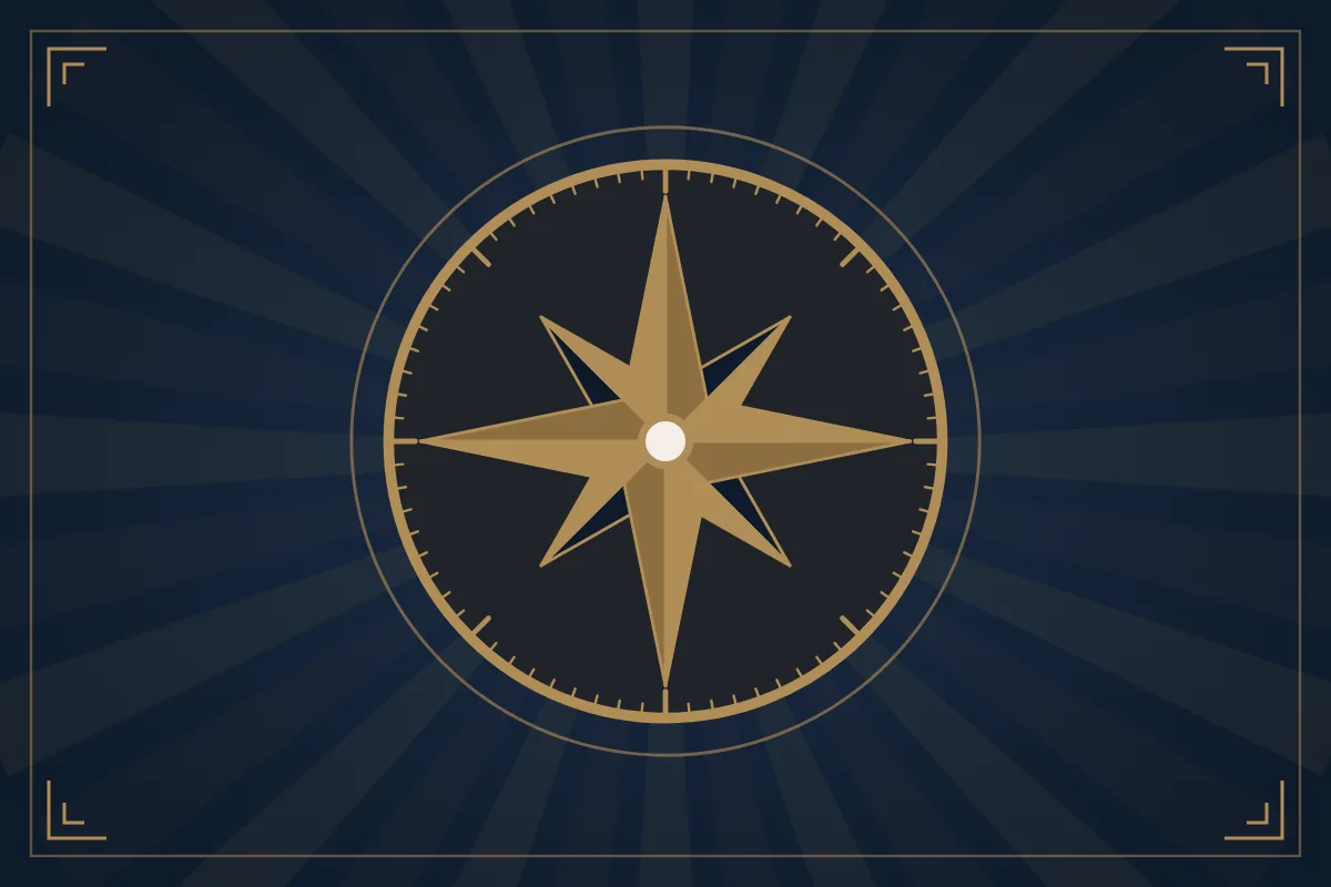 Art deco-emblem: kompassros i mässing på marinblå botten